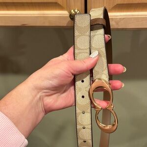 Elegant Beige Coach Designer Belt with Gold Buckle